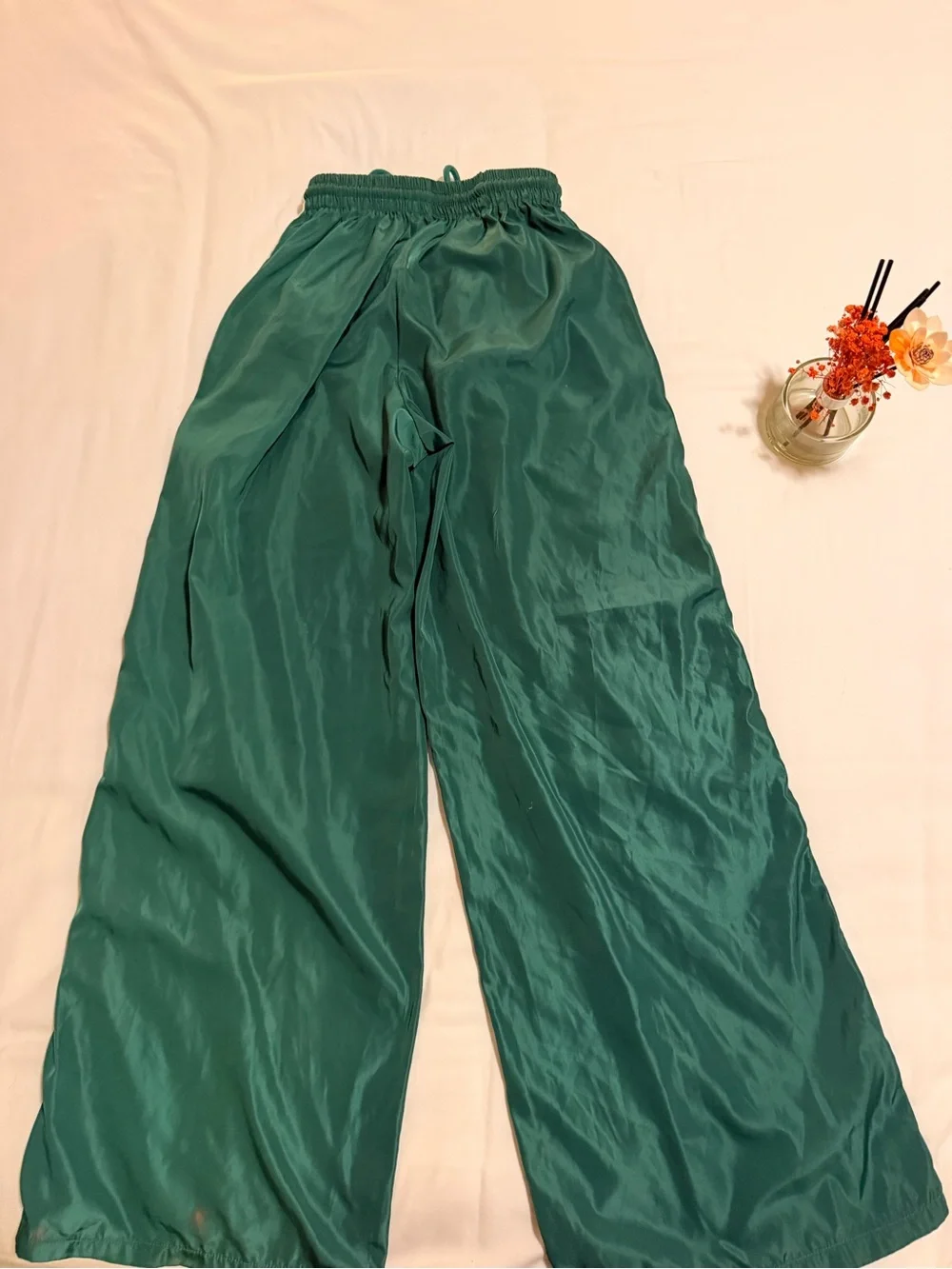 Edikted Emerald Green Track Pants with White Tag Accent